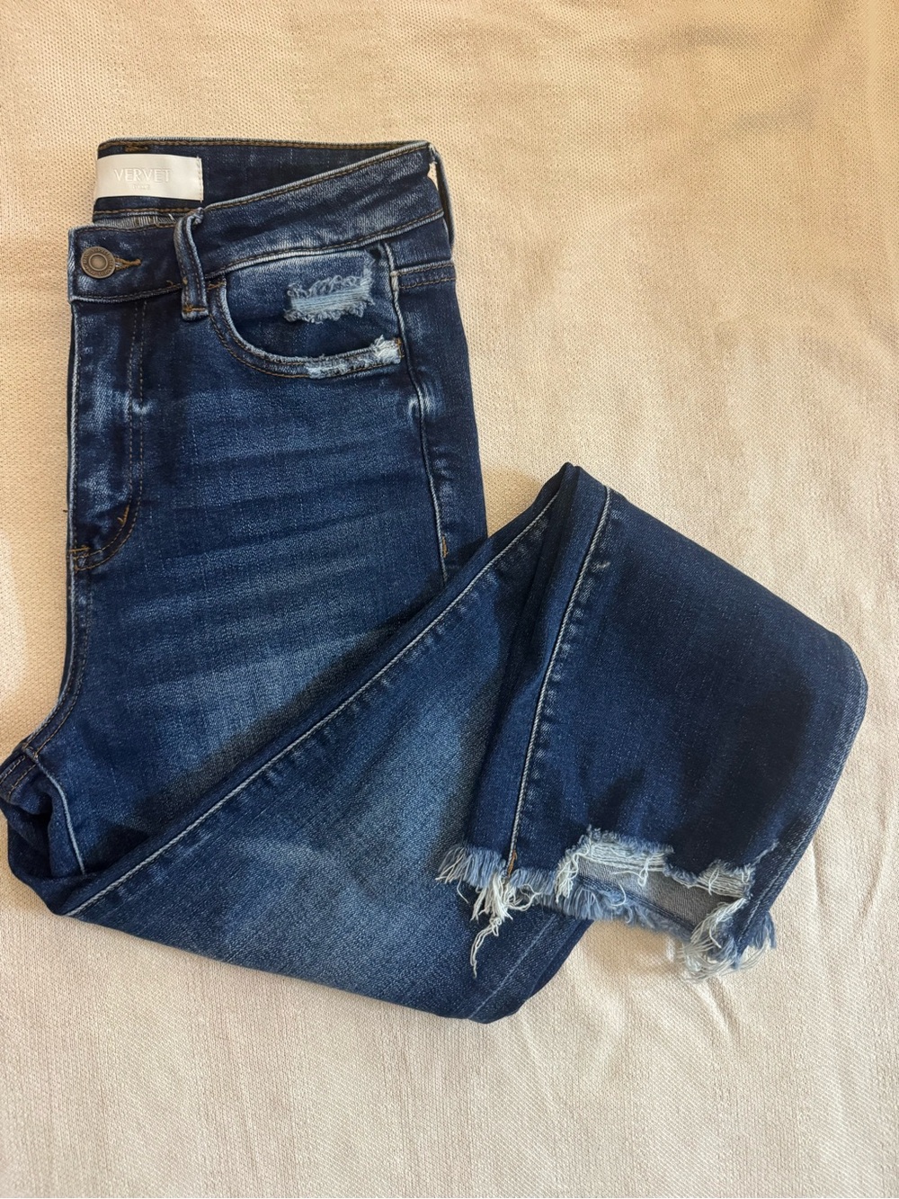 Vervet High-Rise Frayed Hem Crop Jeans - Dark Blue